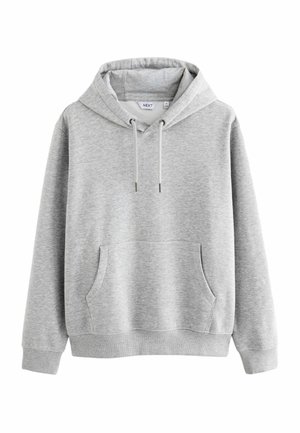 Grau Baumwollkapuzenpullover mit einer Vordertasche, verstellbarem Kordelzug an der Kapuze, gerippten Bündchen und Saum. Glatte Textur, minimalistisches Design, keine Muster.