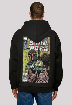 Black hooded sweatshirt featuring a graphic of a character in a helmet with a yellow and green comic-style background and text "STAR WARS."