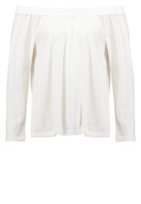 Blusa blanca sin mangas, con mangas largas, de tela texturizada y un escote elástico fruncido. El dobladillo es recto y ligeramente holgado.