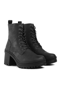 Black lace-up ankle boots made of textured synthetic leather. Features a chunky block heel and rugged treaded sole for added grip.
