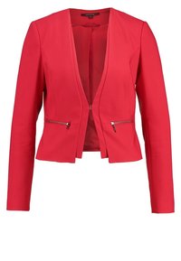 Rød blazer med lange ærmer, en dyb V-hals og en tætsiddende skæring. Har to frontlomme med lynlås og en glat stofstruktur.