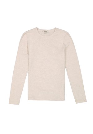 Camisa de manga larga beige claro hecha de tejido suave. Cuenta con un cuello redondo y una silueta ajustada con textura acanalada y un diseño minimalista.