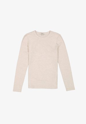 Camisa de manga larga beige claro hecha de tejido suave. Cuenta con un cuello redondo y una silueta ajustada con textura acanalada y un diseño minimalista.