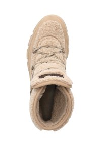 Stivale beige foderato in pile con forma arrotondata, colletto imbottito e chiusura a lacci. Texture morbida con suola in gomma e interno imbottito.