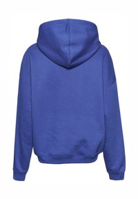 Pullover hoodie in solid blue, featuring a wide-cut silhouette, long sleeves, and a large back hood with a smooth texture.