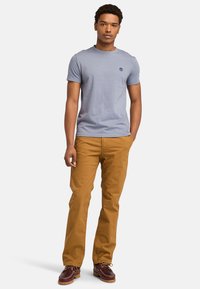 Mand står iført en lysegrå kortærmet T-shirt, sennepsfarvede bukser og brune snøresko på en hvid baggrund.