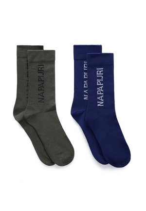 Two pairs of crew socks, one dark gray and one navy blue, each with "NAPAPIJRI" logo printed vertically on the side.