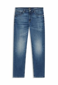 Blue denim jeans with a straight fit, featuring light fading, a button fly, and standard pockets. Clearly branded waist tag.