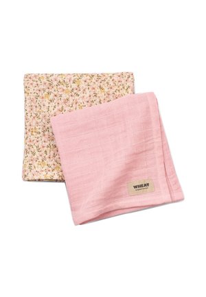 Zwei gefaltete Baumwolltücher, eines rosa mit einem kleinen "WHEAT"-Etikett, das andere mit einem rosa-beigen Blumenmuster.
