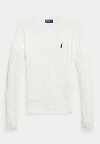 Pull blanc en maille torsadée à manches longues, col rond et petit logo Polo Ralph Lauren bleu marine sur la poitrine.