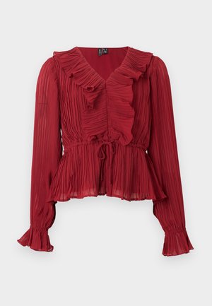 Rote, plissierte Bluse mit gerafftem Ausschnitt, langen Ärmeln und tailliertem Bund. Hergestellt aus leichtem Stoff mit weicher Textur.