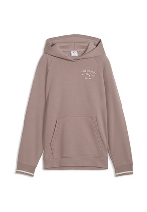 Hellbraunes Puma Kapuzensweatshirt mit Fronttasche und weißem "Puma Athletics" Logo auf der oberen linken Brust.