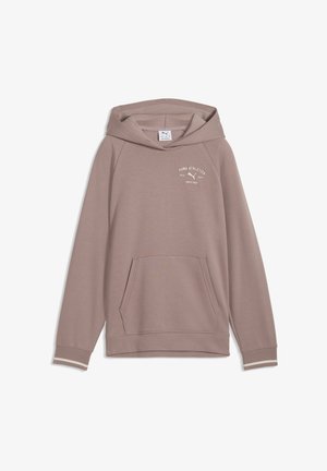 Sweat à capuche Puma marron clair avec poche avant et logo blanc "Puma Athletics" sur la partie supérieure gauche de la poitrine.