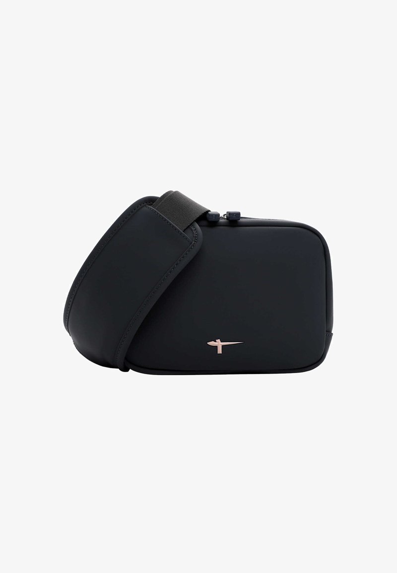 Borsa a tracolla rettangolare nera con una texture liscia e opaca, caratterizzata da un logo color oro rosa e una tracolla regolabile per un utilizzo sicuro.