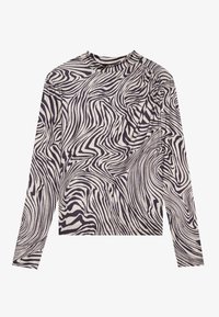 Haut à manches longues avec un motif de zèbre noir et crème tourbillonnant, fabriqué en tissu doux, avec un col rond et une coupe ajustée.