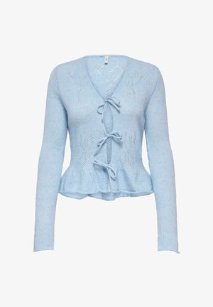 Cárdigan azul claro de punto con bajo peplum, mangas largas, escote en v y lazos decorativos en la parte delantera. Presenta patrones de punto abierto.