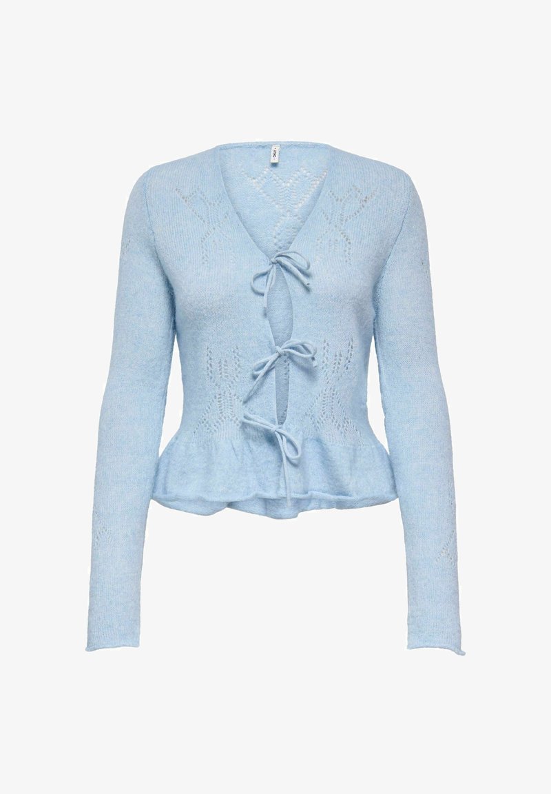 Šviesiai mėlynas megztas kardiganas su peplumo apačia, ilgomis rankovėmis, V formos iškirpte ir dekoratyvinėmis raištelėmis priekyje. Turi atvirus mezgimo raštus.