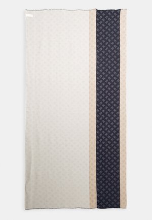 Écharpe rectangulaire beige avec deux rayures verticales à droite, une bleu foncé et une beige claire, toutes deux avec de petits motifs répétitifs.
