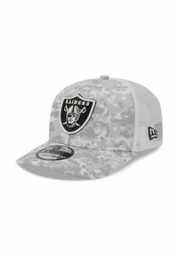 Gray camo cap with a structured front, mesh back, and adjustable strap; features a black Raiders logo and round tag on the visor.