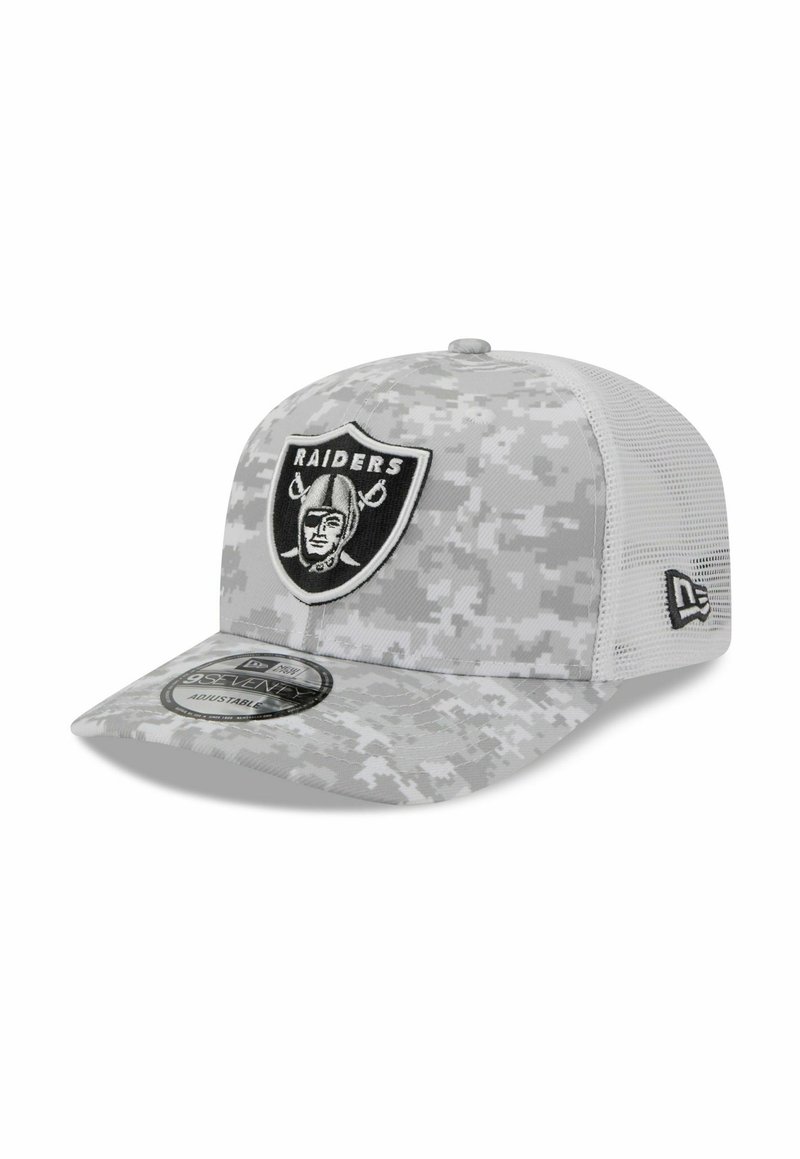 Gray camo cap with a structured front, mesh back, and adjustable strap; features a black Raiders logo and round tag on the visor.