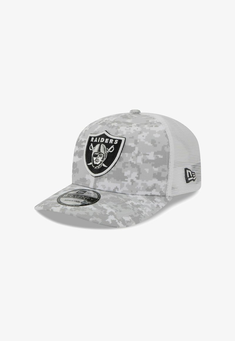 Gray camo cap with a structured front, mesh back, and adjustable strap; features a black Raiders logo and round tag on the visor.
