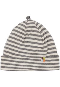 Beanie a righe in grigio e bianco, realizzato in tessuto morbido, con orlo arrotolato e una piccola etichetta con il marchio in vari colori.