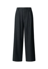 Pantalon noir à jambe large avec un subtil motif à fines rayures, doté d'une taille haute et d'une texture lisse, conçu pour une coupe ample.