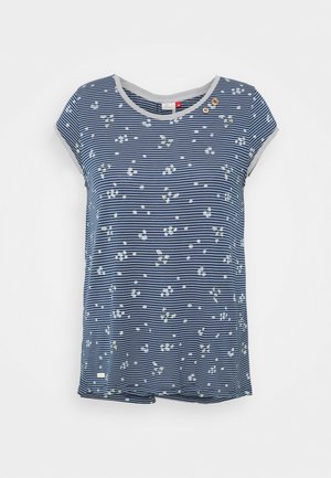 Navy striped t-shirt with floral print, short sleeves, and a light gray neckline. Features decorative buttons on the left shoulder.