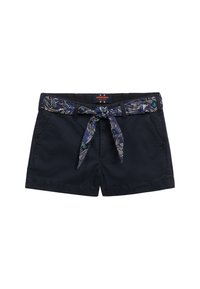Pantaloni corti in cotone blu navy con cintura a fantasia blu, dotati di tasche laterali e vestibilità comoda. Texture liscia e dettagli di cucitura robusti.
