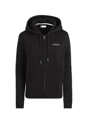 Zwarte zip-up hoodie gemaakt van zacht materiaal, voorzien van een trekkoordkap, kenguruzak en geborduurd "GUESS JEANS" logo op de borst.