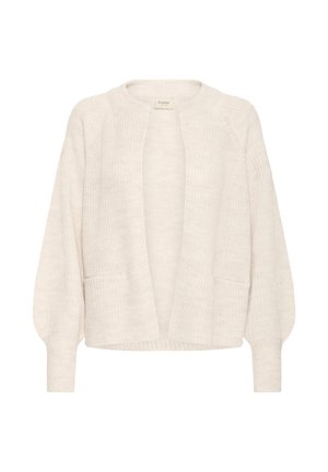 Vaaleanbeige neulecardigan, jossa on rento istuvuus, auki oleva etuosa, sivutaskut ja pitkät, kapenevat hihat. Pehmeä tekstuuri, yksinkertainen muotoilu.