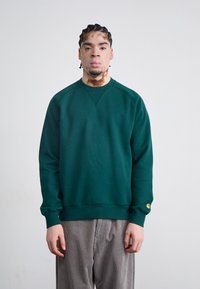 Green sweatshirt with a round neck, ribbed cuffs, and hem. Features a yellow logo patch on the left sleeve, made from a soft material.