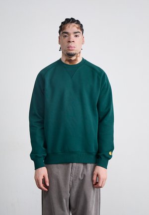 Green sweatshirt with a round neck, ribbed cuffs, and hem. Features a yellow logo patch on the left sleeve, made from a soft material.