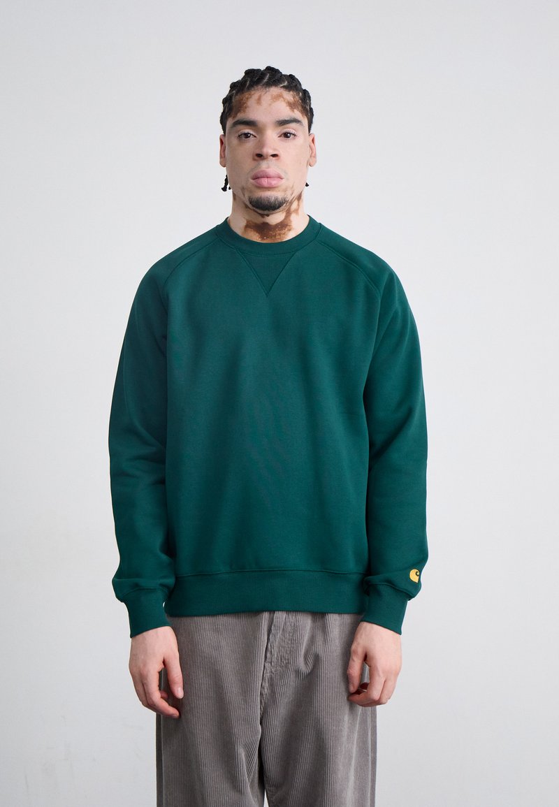 Green sweatshirt with a round neck, ribbed cuffs, and hem. Features a yellow logo patch on the left sleeve, made from a soft material.