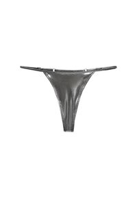 Black metallic thong underwear with thin straps and a minimalistic design, featuring a smooth texture and seamless edges.