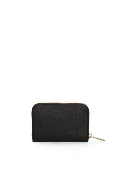 Portefeuille zippé en cuir noir texturé avec tirette en métal doré sur fond blanc.