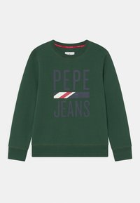 Zelená mikina s kulatým výstřihem, se textem "PEPE JEANS" a vodorovným pruhovaným designem v námořnické modré, červené a bílé barvě. Klasický střih.