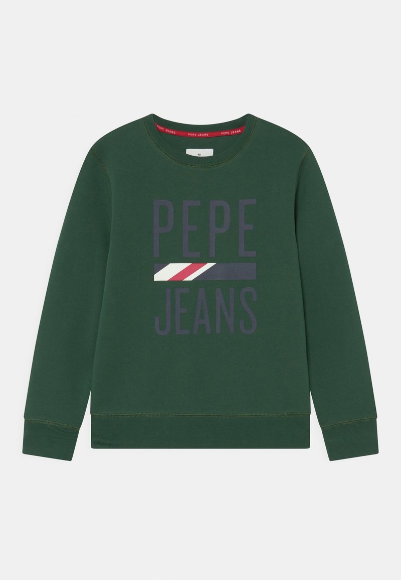 Green sweatshirt with crew neckline, featuring "PEPE JEANS" text and a horizontal stripe design in navy, red, and white. Classic fit.
