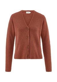 Roestbruine cardigan van ribgebreid materiaal. Heeft een V-hals, lange mouwen en drie ronde knopen aan de voorkant.