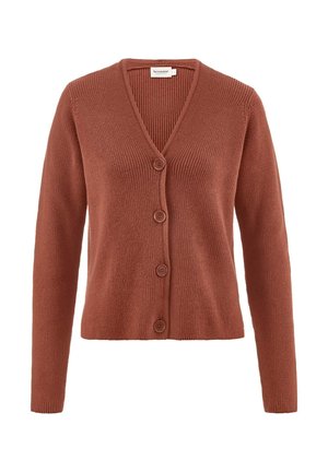 Cardigan marrone ruggine realizzato in materiale a maglia a coste. Presenta un colletto a V, maniche lunghe e tre bottoni rotondi sul davanti.