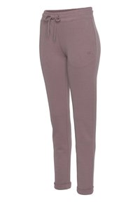 Mauve Fleece-Jogginghosen mit elastischem Bund, Kordelzug, Seitentaschen und gesticktem Logo auf der linken Hüfte, am Knöchel gerippt.