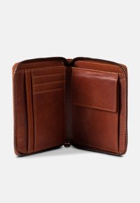 Brown leather wallet with a zipper, featuring multiple card slots, a compartment for cash, and a smooth texture.