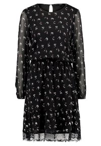 Svart blommig klänning med långa genomskinliga ärmar, rund halsringning med ett nyckelhålskärning och spetsdetalj på fållen. Blommönster i mjuka färger.