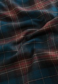 Tissu écossais bleu et marron avec une texture douce, présentant un motif à carreaux souligné de blanc et d'accents rouges, drapé avec des plis délicats.