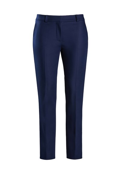 Navy blue tailored trousers with a smooth texture, straight leg design, front pockets, and a flat waistband, made from lightweight fabric.