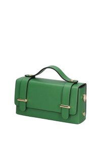 Borsa a mano verde in pelle con un design strutturato, caratterizzata da dettagli in oro e un manico superiore. Texture liscia con bordi a contrasto.