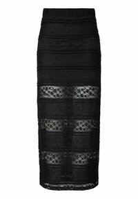 Jupe crayon midi noire avec des rayures horizontales alternées en dentelle unie et florale et une ceinture élastique.