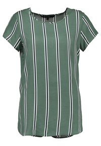 Grön kortärmad topp med vertikala vita och marinblå ränder, rund halsringning och en avslappnad passform med en lätt böjd fåll.