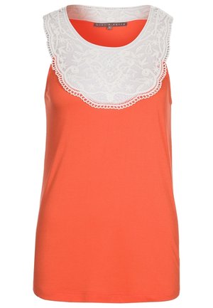 Ærmeløs orange top med rund halsudskæring og hvid blondefront med blomsterbroderi og bølgekant.
