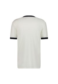 Short-sleeve T-shirt in off-white fabric, featuring a solid navy collar and cuffs. The texture is smooth with a subtle ribbed pattern.